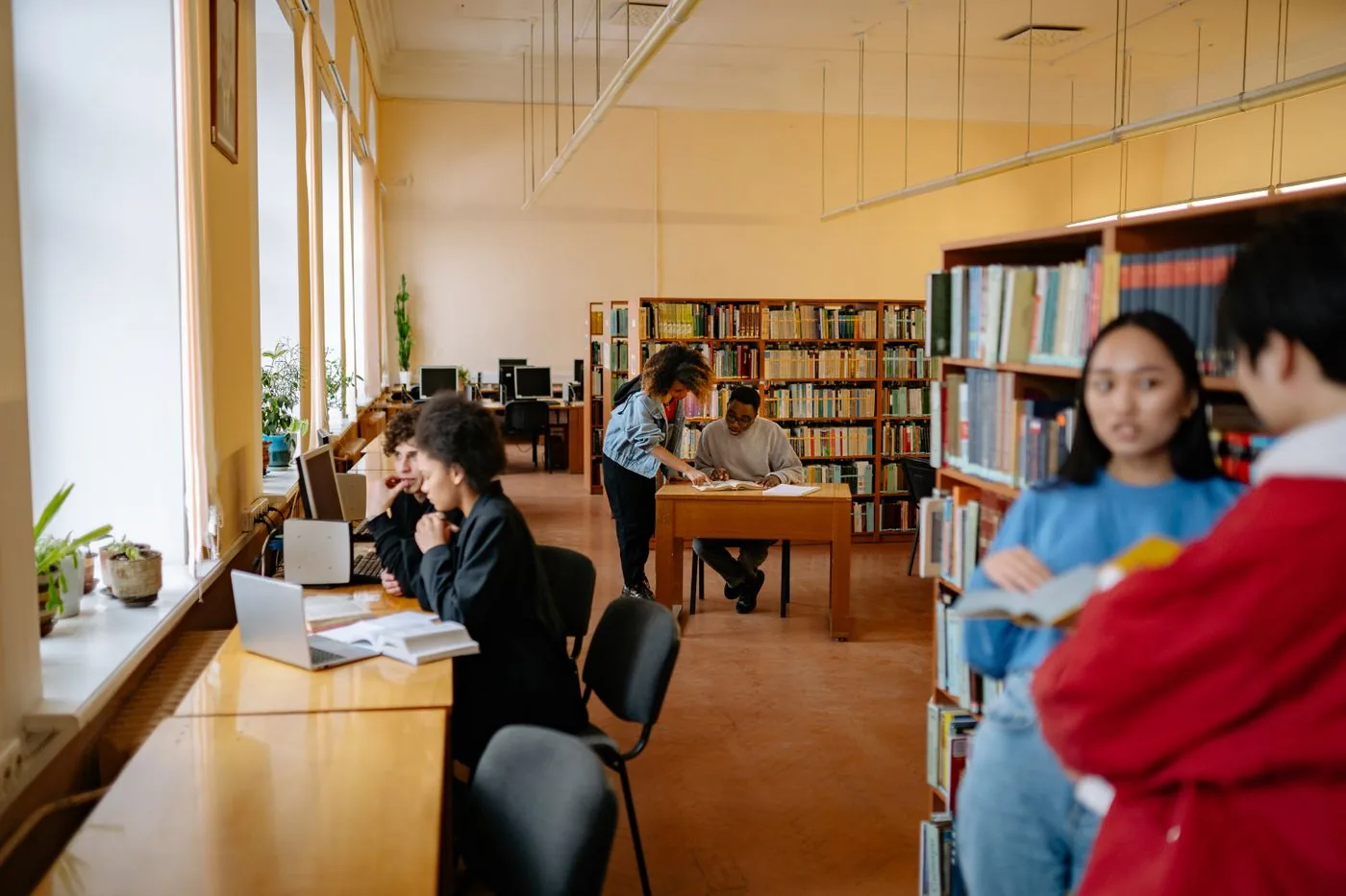 University students working together in a library